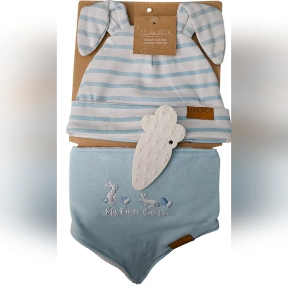 Lila & Jack - NEW Bunny Hat, Bib & Carrot Teether 'My First Easter' Blue Rabbits - Picture 2 of 5